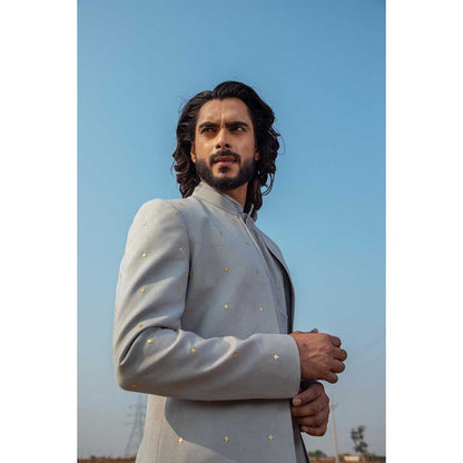 Runit Gupta Smoke Grey Sherwani with Kurta and Pant (Set of 3)