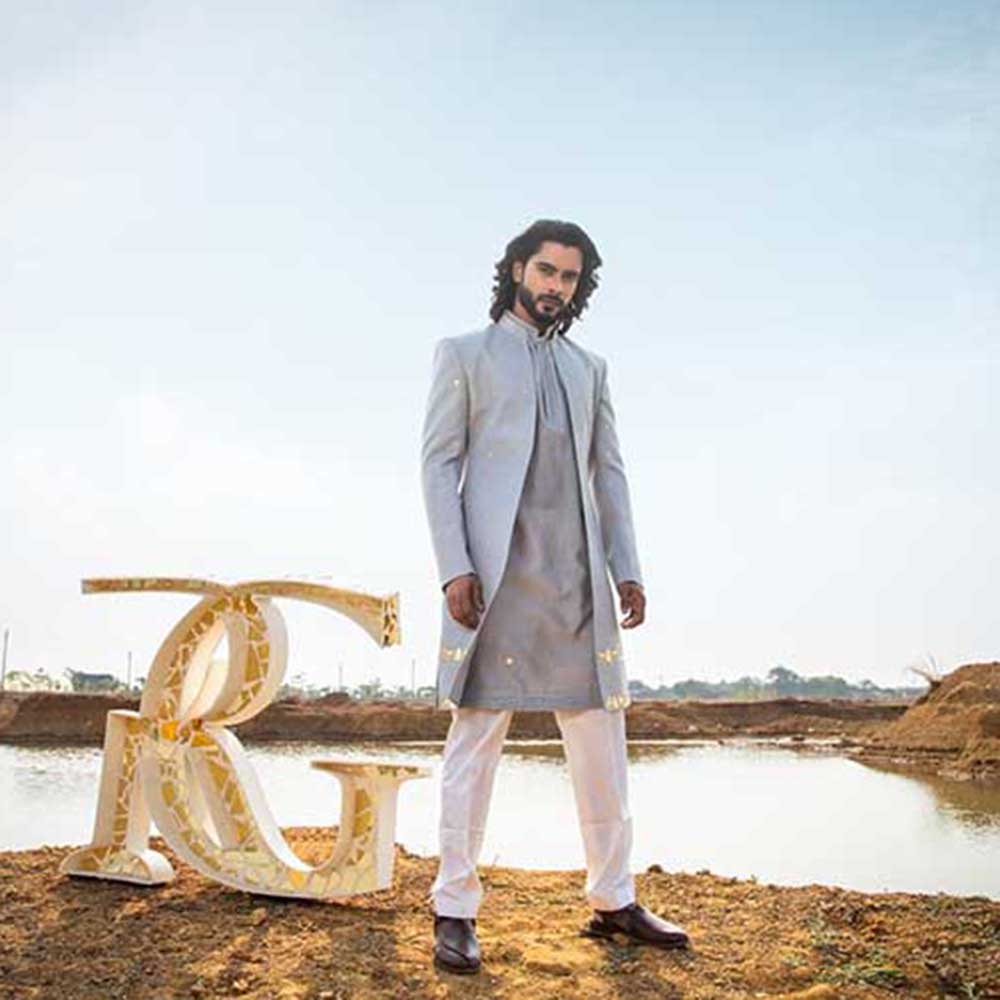 Runit Gupta Smoke Grey Sherwani with Kurta and Pant (Set of 3)