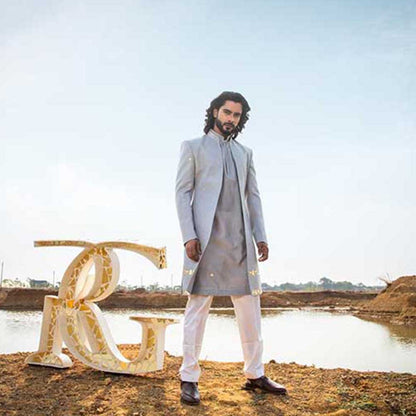 Runit Gupta Smoke Grey Sherwani with Kurta and Pant (Set of 3)