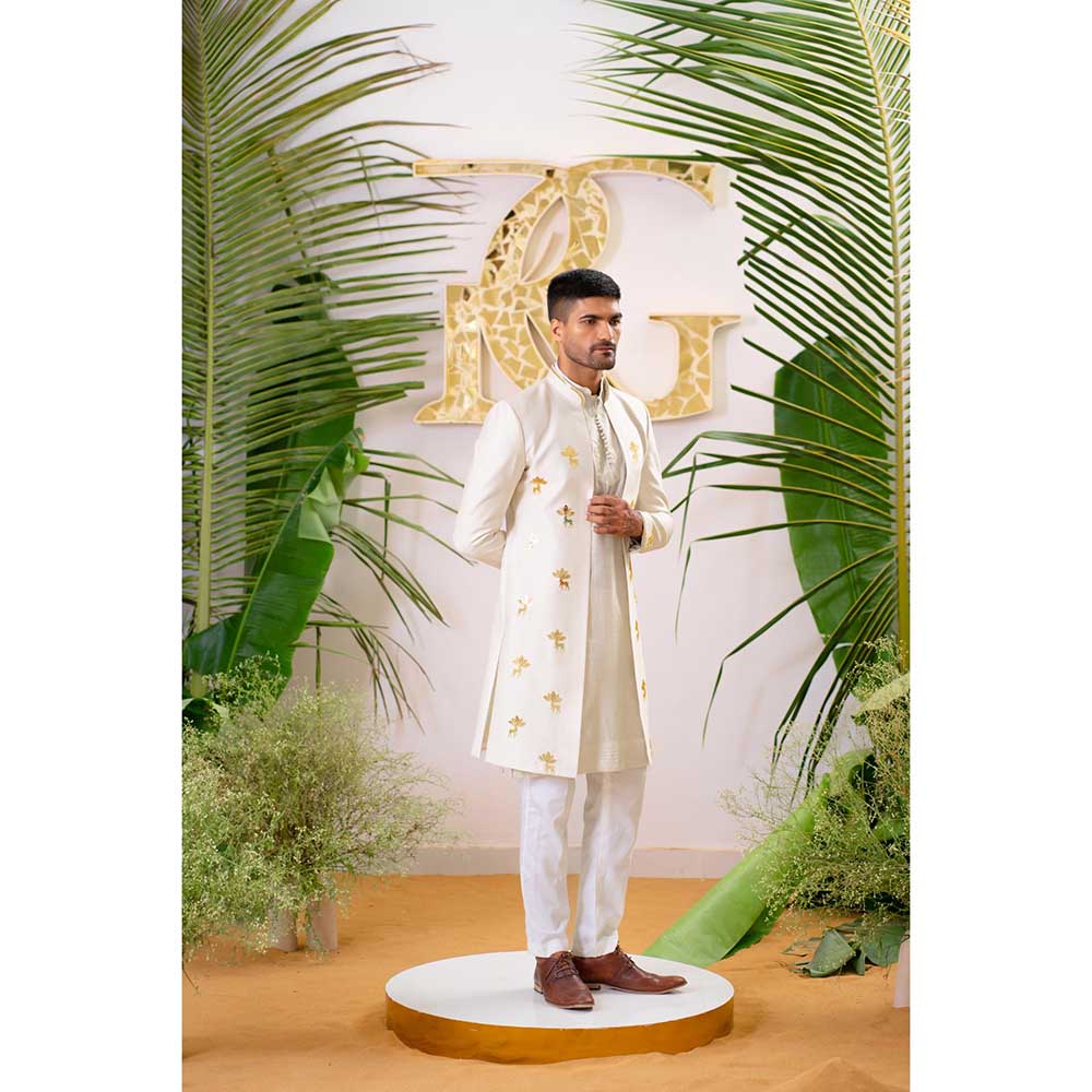 Runit Gupta Dusty Ivory Reindeer Sherwani with Kurta and Pant (Set of 3)
