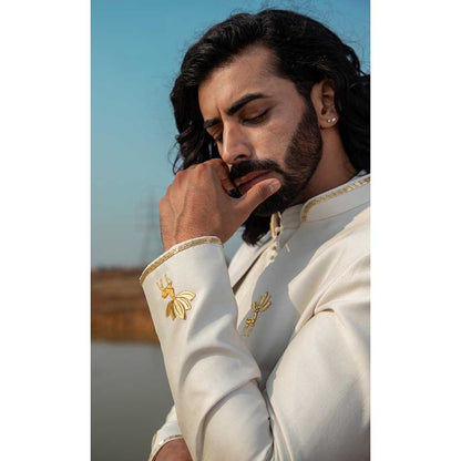 Runit Gupta Dusty Ivory Reindeer Sherwani with Kurta and Pant (Set of 3)