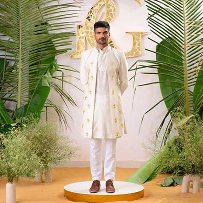 Runit Gupta Dusty Ivory Reindeer Sherwani with Kurta and Pant (Set of 3)
