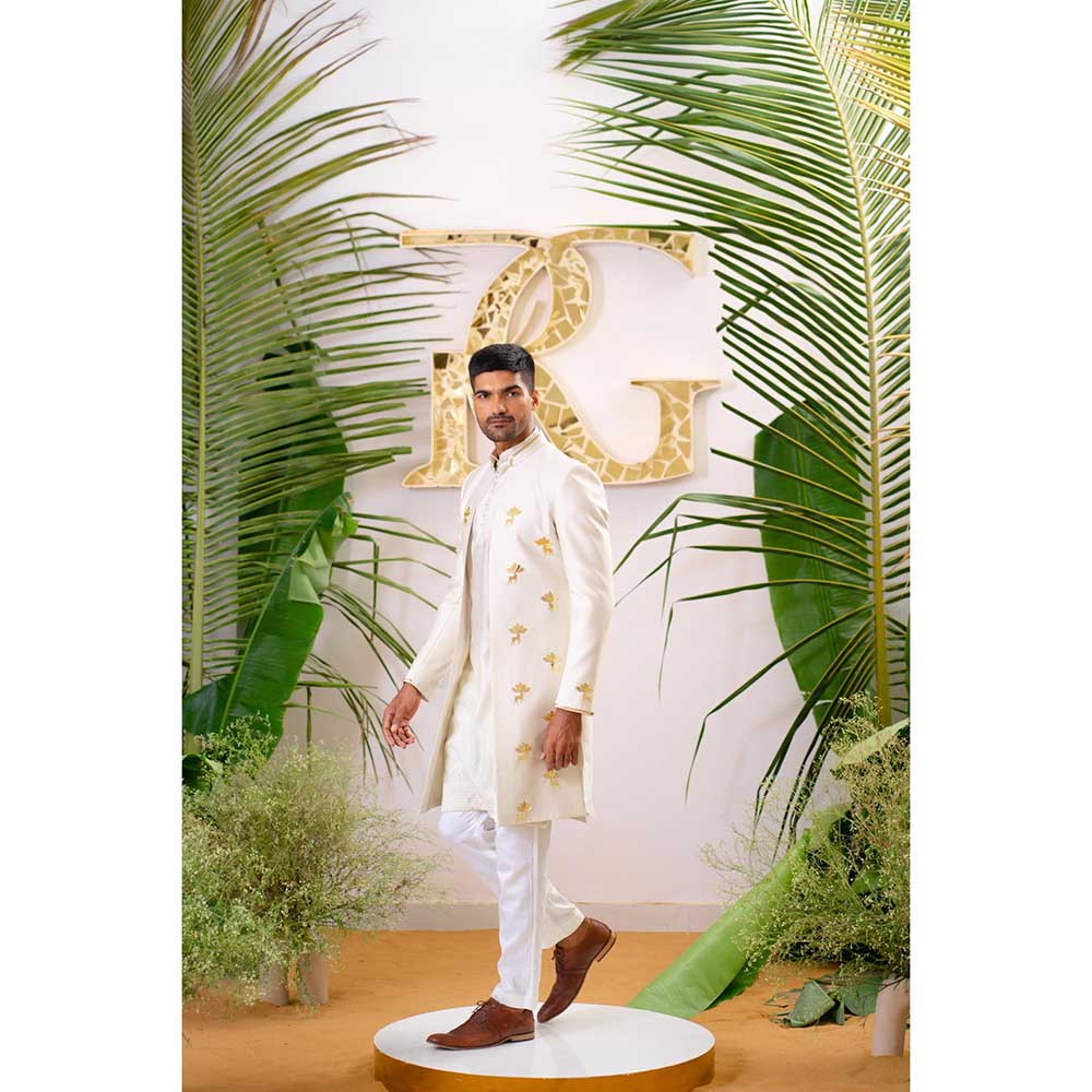 Runit Gupta Dusty Ivory Reindeer Sherwani with Kurta and Pant (Set of 3)