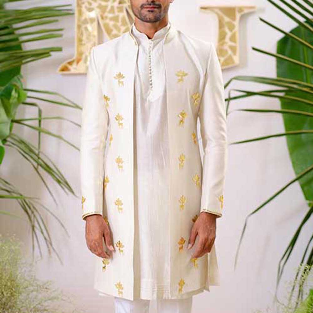 Runit Gupta Dusty Ivory Reindeer Sherwani with Kurta and Pant (Set of 3)