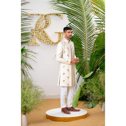 Runit Gupta Dusty Ivory Reindeer Sherwani with Kurta and Pant (Set of 3)