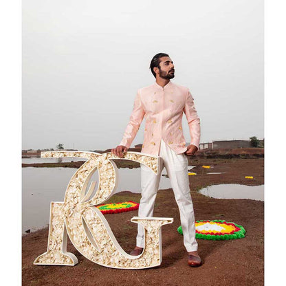 Runit Gupta Soft Pink Lotus Embroidered Jodhpuri Jacket and Pant (Set of 2)