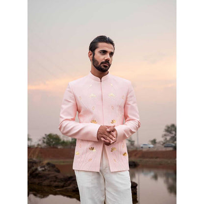 Runit Gupta Soft Pink Lotus Embroidered Jodhpuri Jacket and Pant (Set of 2)