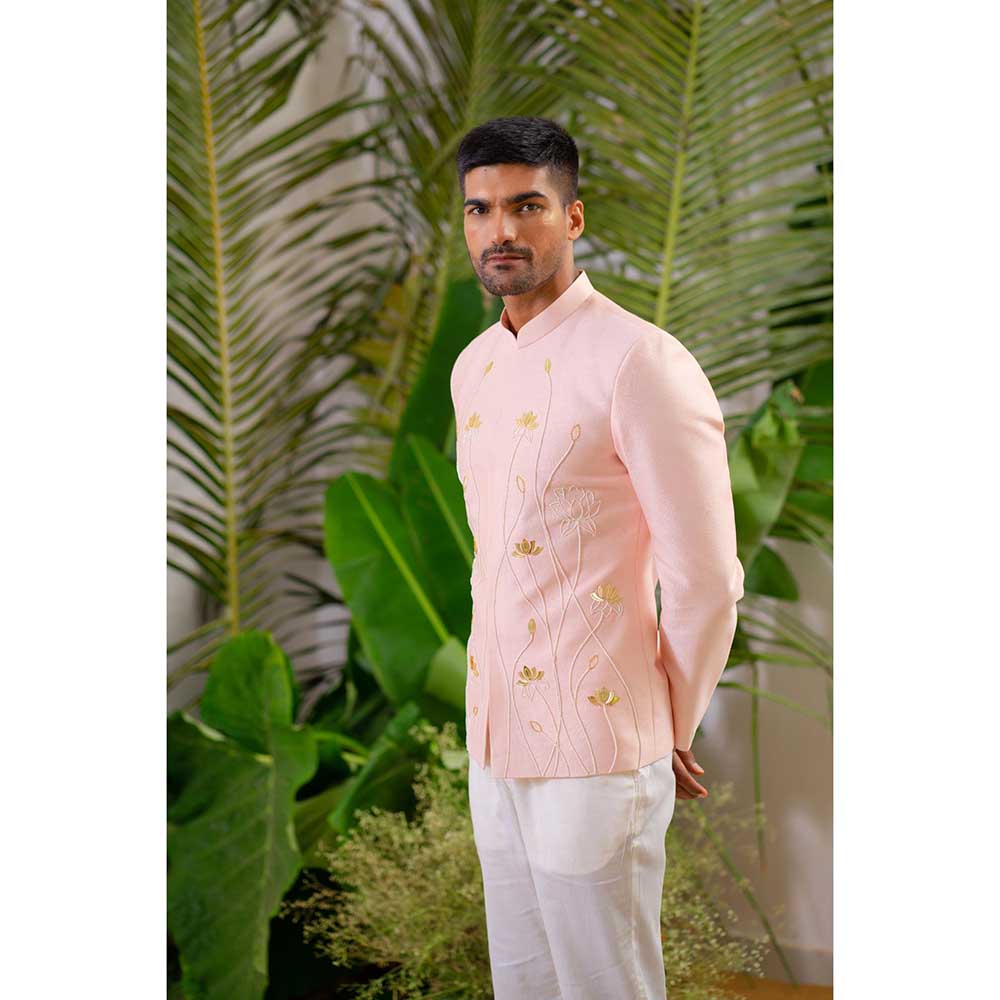 Runit Gupta Soft Pink Lotus Embroidered Jodhpuri Jacket and Pant (Set of 2)