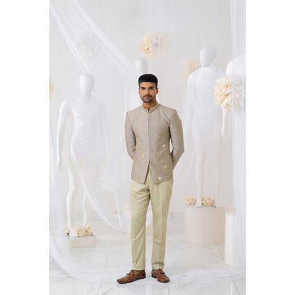 Runit Gupta Khaki Horse Embroidered Jodhpuri Jacket and Pant (Set of 2)