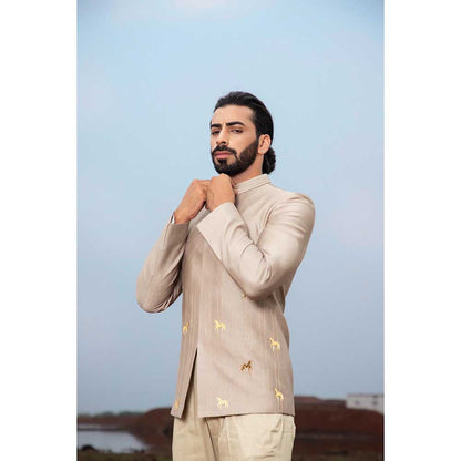 Runit Gupta Khaki Horse Embroidered Jodhpuri Jacket and Pant (Set of 2)