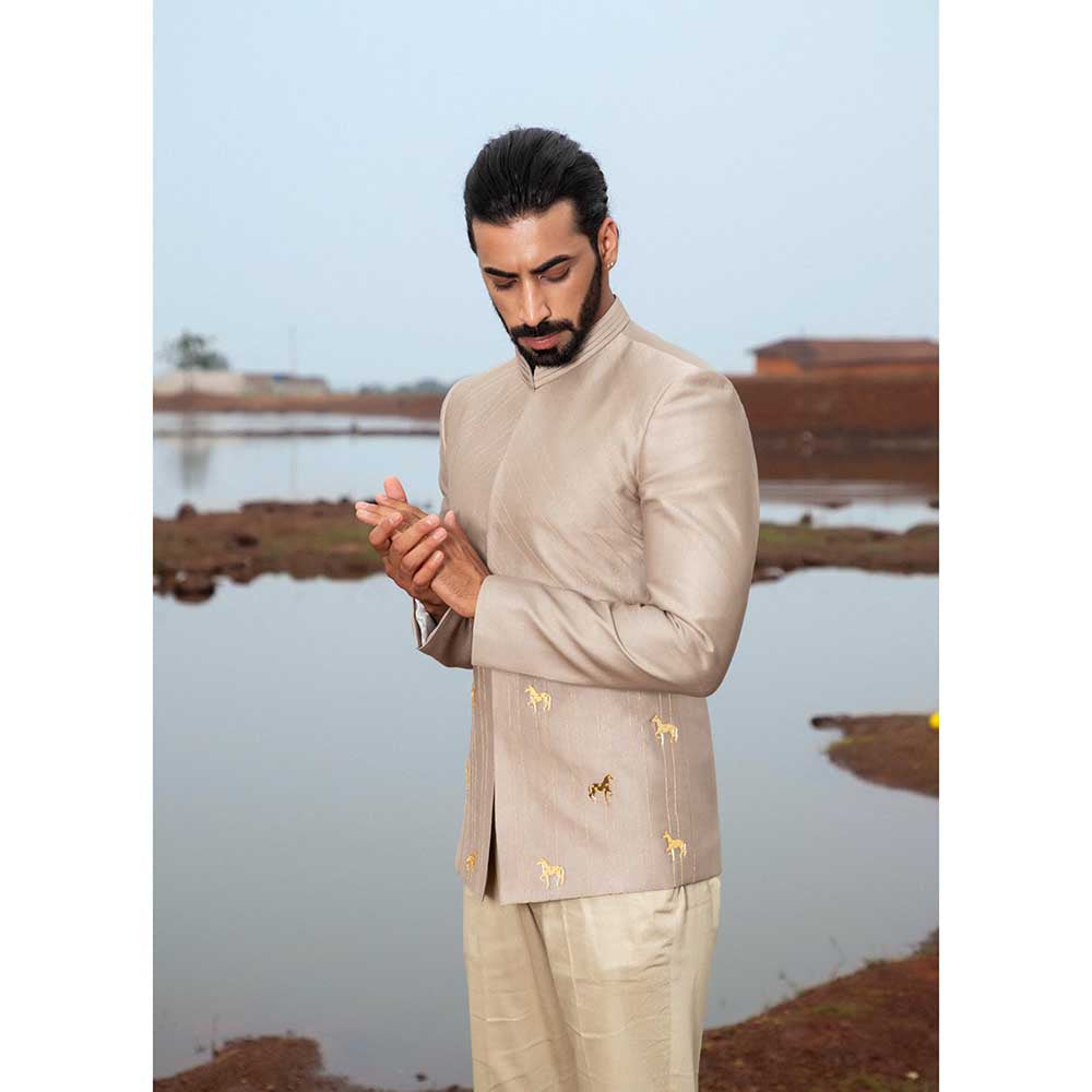 Runit Gupta Khaki Horse Embroidered Jodhpuri Jacket and Pant (Set of 2)