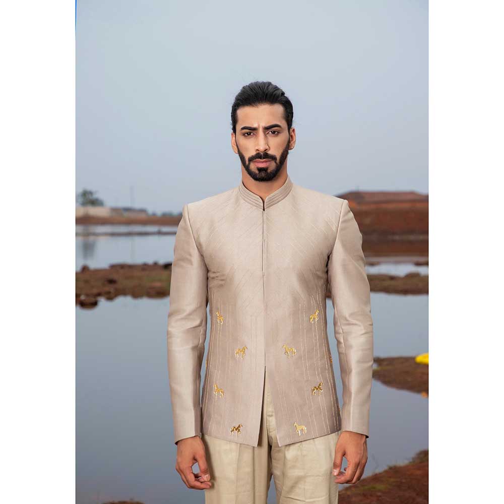 Runit Gupta Khaki Horse Embroidered Jodhpuri Jacket and Pant (Set of 2)