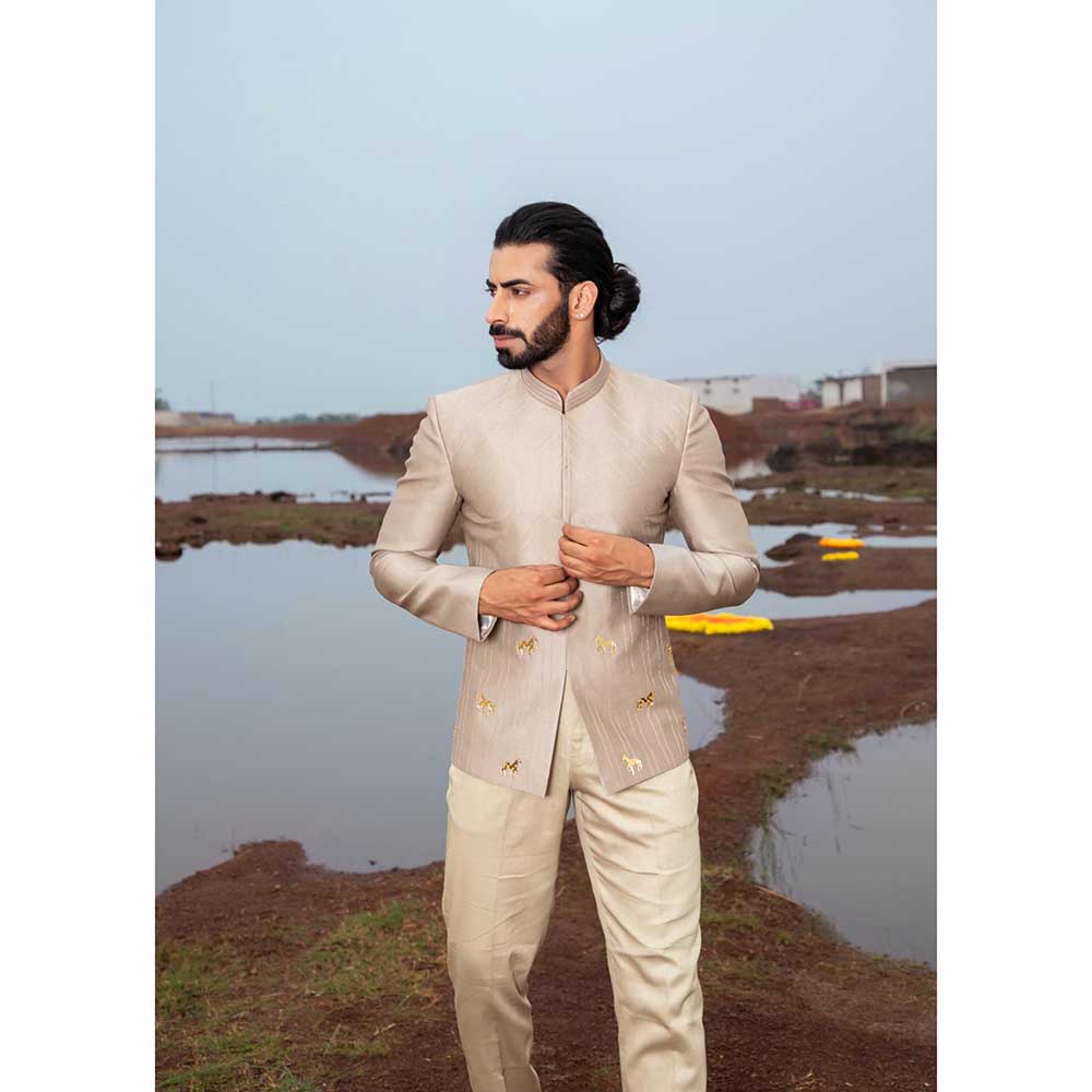 Runit Gupta Khaki Horse Embroidered Jodhpuri Jacket and Pant (Set of 2)