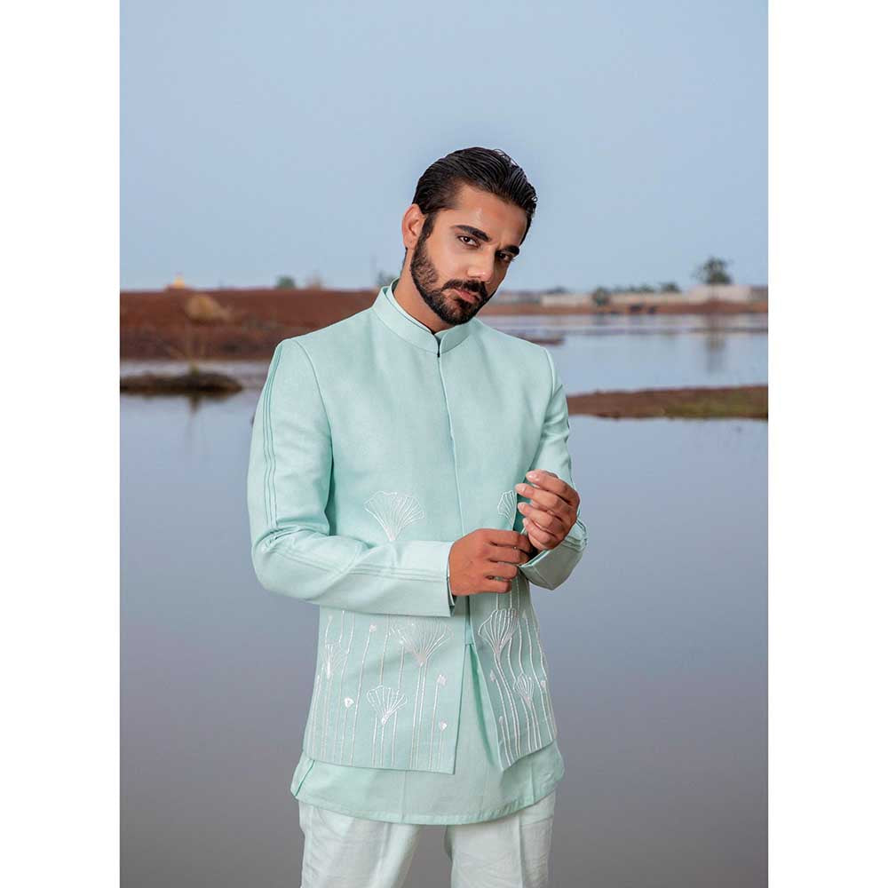 Runit Gupta Powder Blue Embroidred Jodhpuri Jacket with Kurta and Pant (Set of 3)