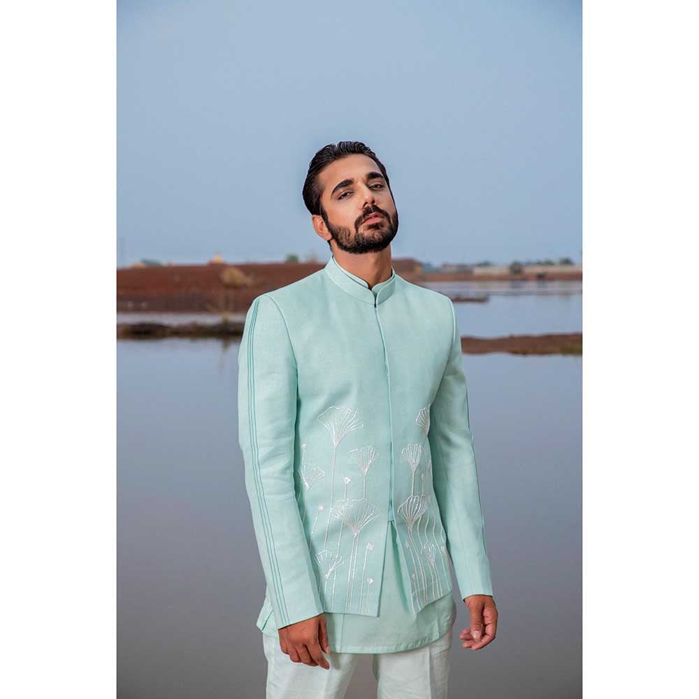 Runit Gupta Powder Blue Embroidred Jodhpuri Jacket with Kurta and Pant (Set of 3)