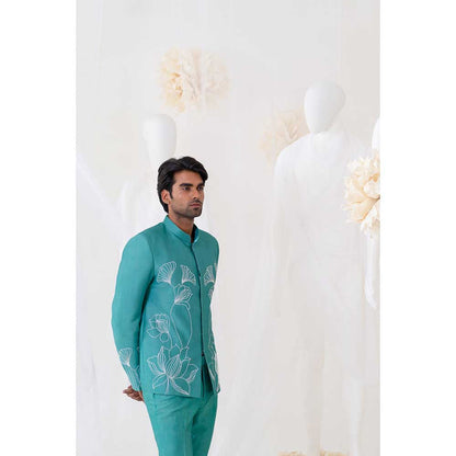 Runit Gupta Aqua Flora Jodhpuri Jacket and Pant (Set of 2)