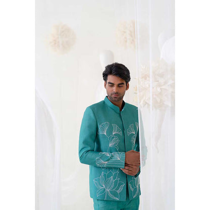 Runit Gupta Aqua Flora Jodhpuri Jacket and Pant (Set of 2)