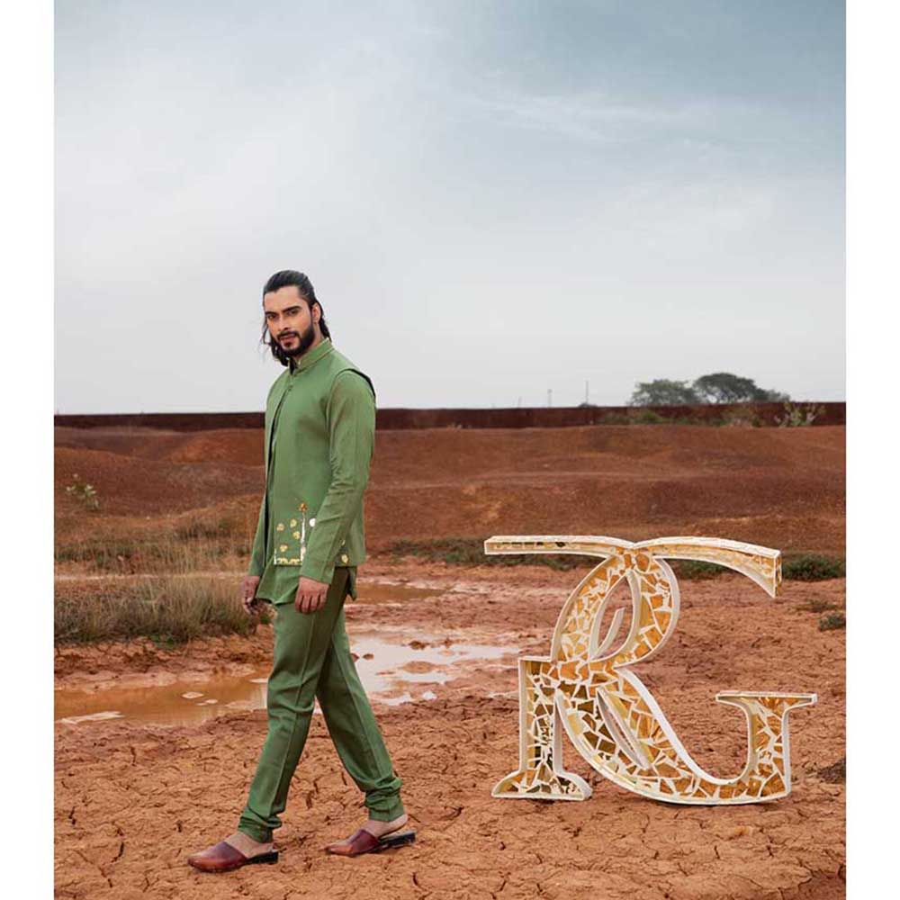 Runit Gupta Monstera Deep Green Bundi Jacket with Kurta and Pant (Set of 3)