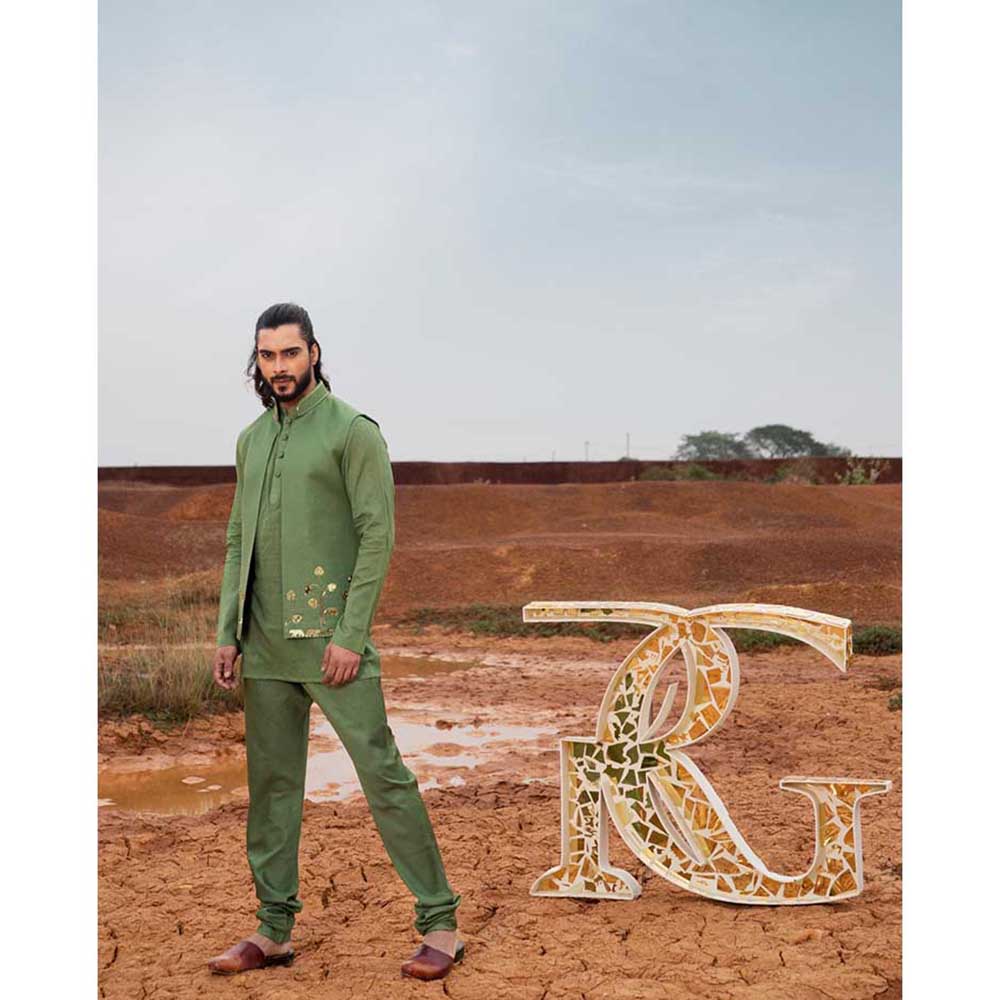 Runit Gupta Monstera Deep Green Bundi Jacket with Kurta and Pant (Set of 3)