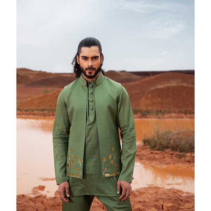 Runit Gupta Monstera Deep Green Bundi Jacket with Kurta and Pant (Set of 3)