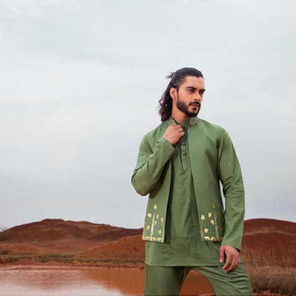 Runit Gupta Monstera Deep Green Bundi Jacket with Kurta and Pant (Set of 3)