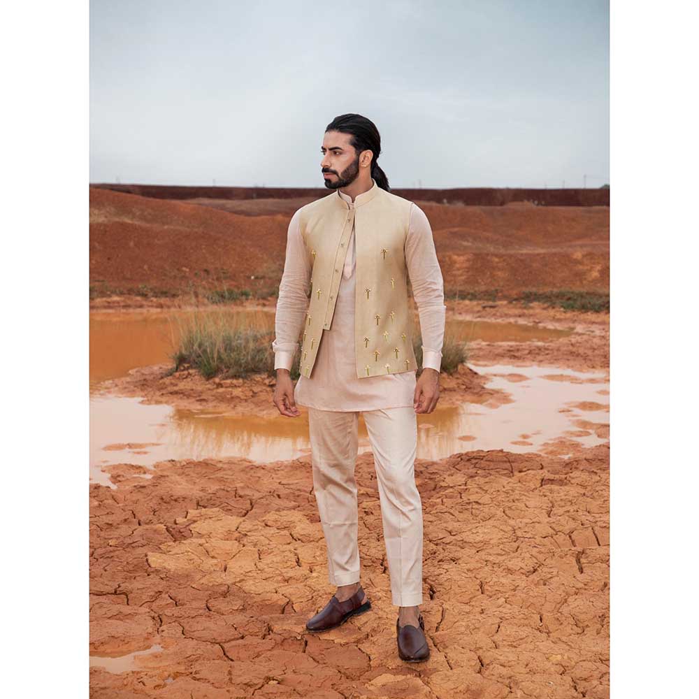 Runit Gupta Khaki Cutpipe Bundi Jacket with Kurta and Pant (Set of 3)