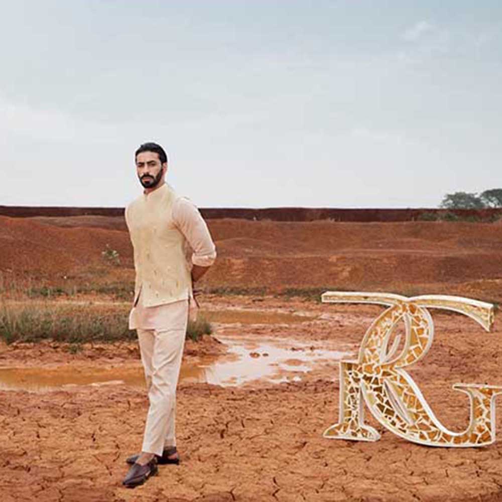 Runit Gupta Khaki Cutpipe Bundi Jacket with Kurta and Pant (Set of 3)