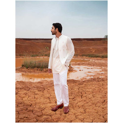 Runit Gupta Snow Cutpipe Bundi Jacket with Kurta and Pant (Set of 3)