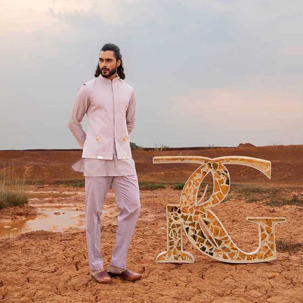 Runit Gupta Periwinkle Tiger Bundi Jacket with Kurta and Pant (Set of 3)