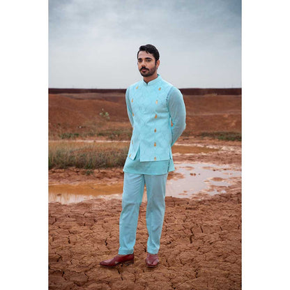 Runit Gupta Blue Pine Bundi Jacket with Kurta and Pant (Set of 3)