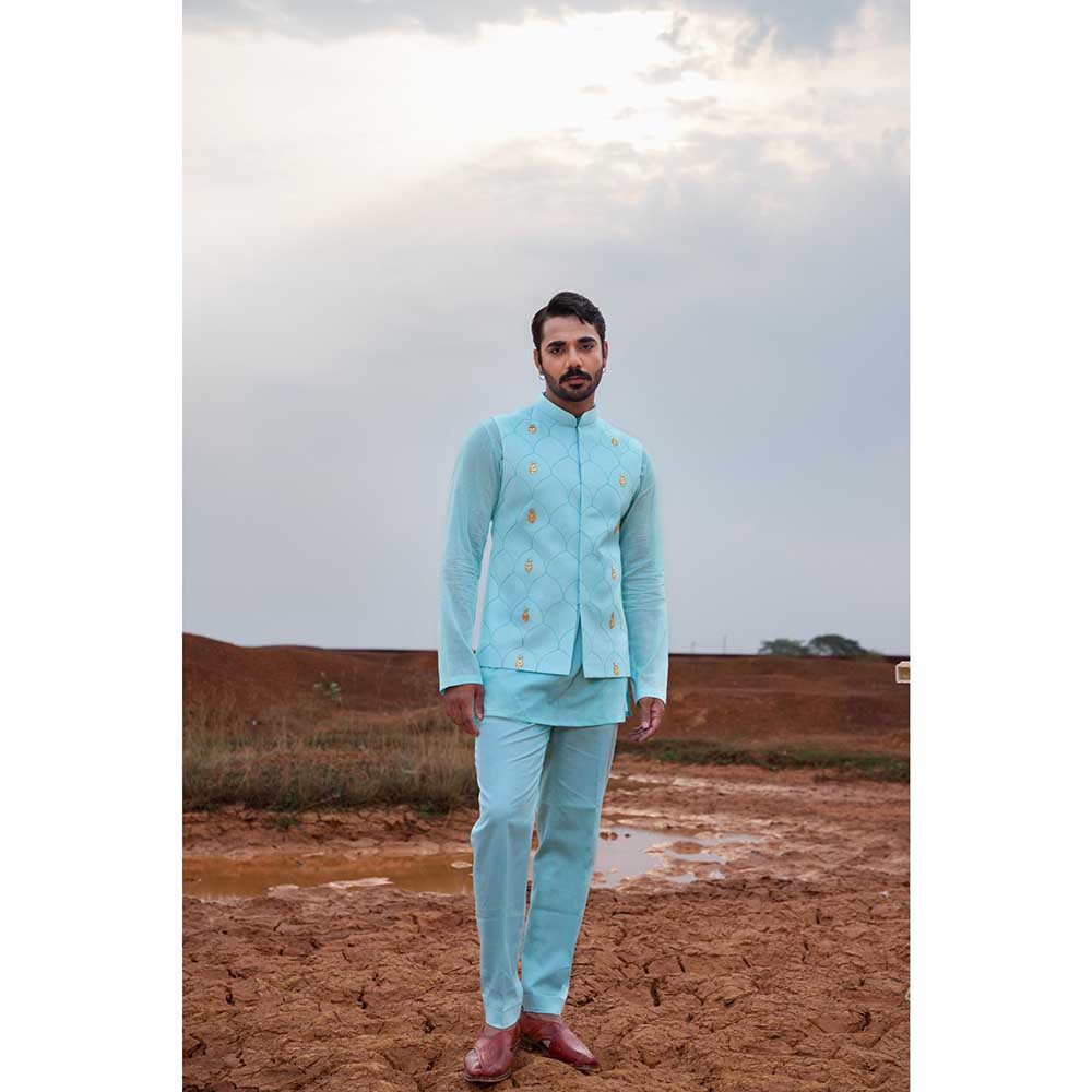 Runit Gupta Blue Pine Bundi Jacket with Kurta and Pant (Set of 3)