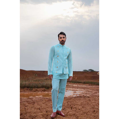 Runit Gupta Blue Pine Bundi Jacket with Kurta and Pant (Set of 3)