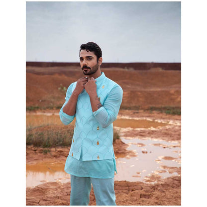 Runit Gupta Blue Pine Bundi Jacket with Kurta and Pant (Set of 3)