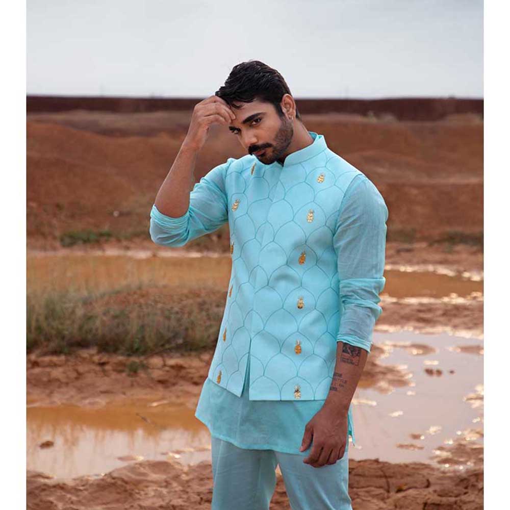 Runit Gupta Blue Pine Bundi Jacket with Kurta and Pant (Set of 3)