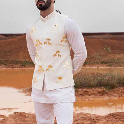 Runit Gupta Ivory Horse Lotus Bundi Jacket