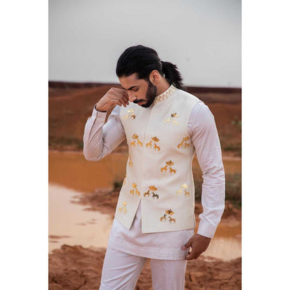 Runit Gupta Ivory Horse Lotus Bundi Jacket