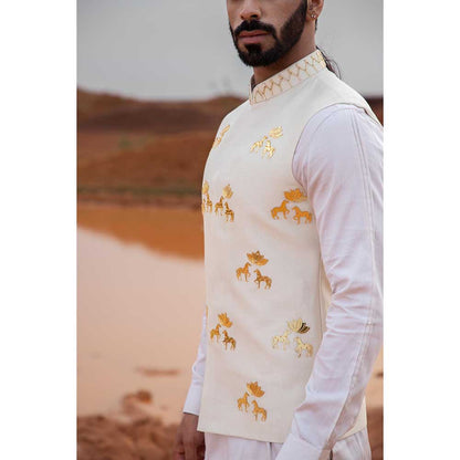 Runit Gupta Ivory Horse Lotus Bundi Jacket