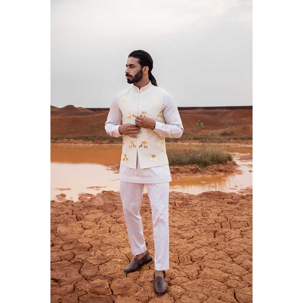 Runit Gupta Ivy Horse Lotus Bundi Jacket with Kurta and Pant (Set of 3)