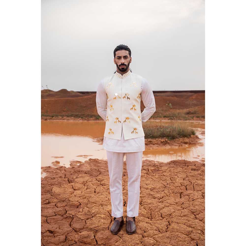 Runit Gupta Ivy Horse Lotus Bundi Jacket with Kurta and Pant (Set of 3)