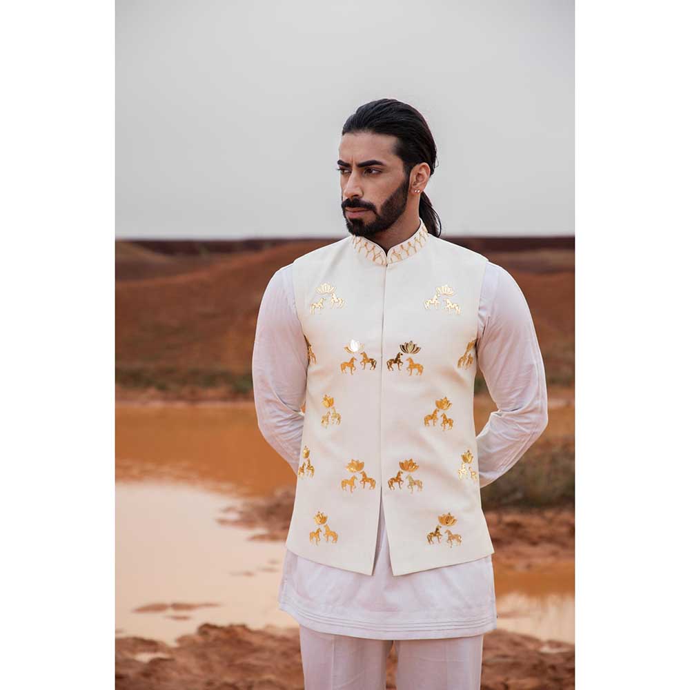 Runit Gupta Ivy Horse Lotus Bundi Jacket with Kurta and Pant (Set of 3)