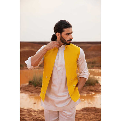 Runit Gupta Yellow Boat Bundi Jacket with Kurta and Pant (Set of 3)