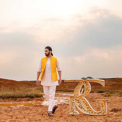 Runit Gupta Yellow Boat Bundi Jacket with Kurta and Pant (Set of 3)