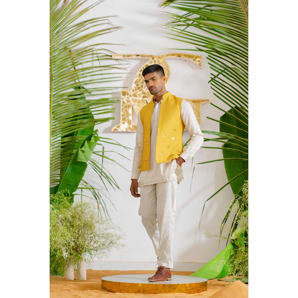 Runit Gupta Yellow Boat Bundi Jacket with Kurta and Pant (Set of 3)
