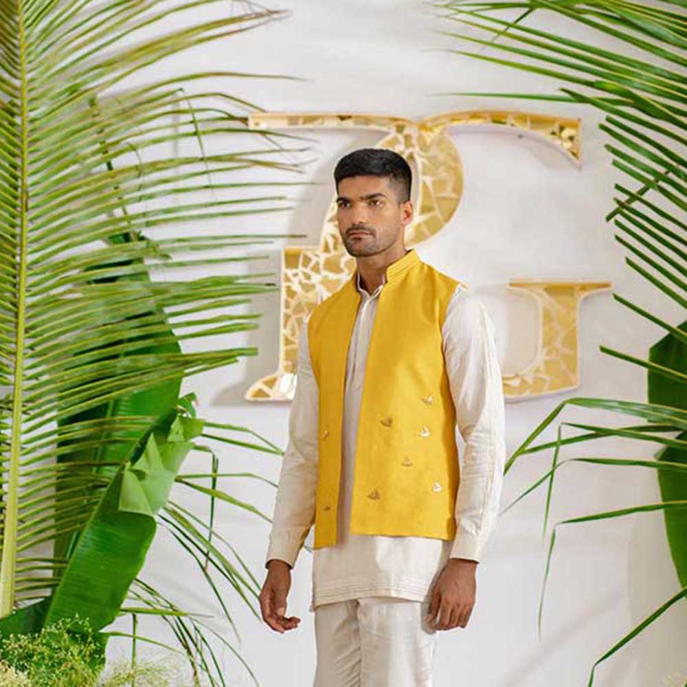 Runit Gupta Yellow Boat Bundi Jacket with Kurta and Pant (Set of 3)