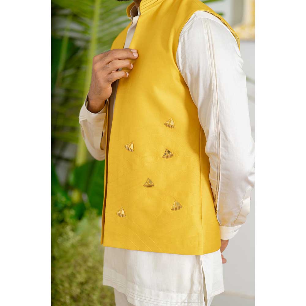 Runit Gupta Yellow Boat Bundi Jacket with Kurta and Pant (Set of 3)