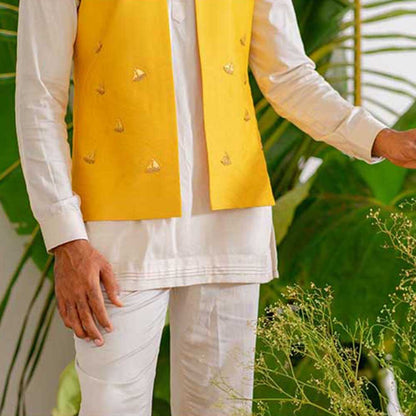 Runit Gupta Yellow Boat Bundi Jacket with Kurta and Pant (Set of 3)