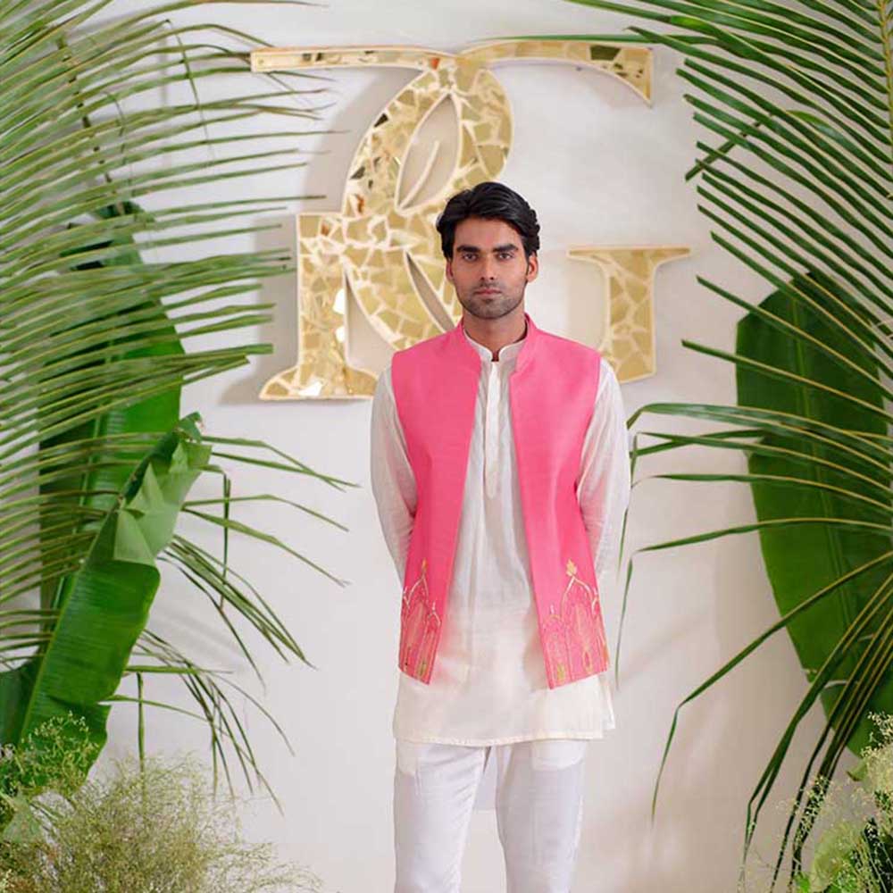 Runit Gupta Pink Arch Bundi Jacket with Kurta and Pant (Set of 3)