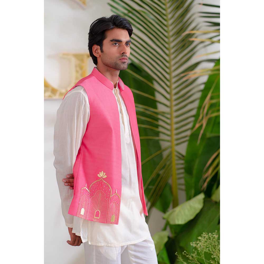 Runit Gupta Pink Arch Bundi Jacket with Kurta and Pant (Set of 3)