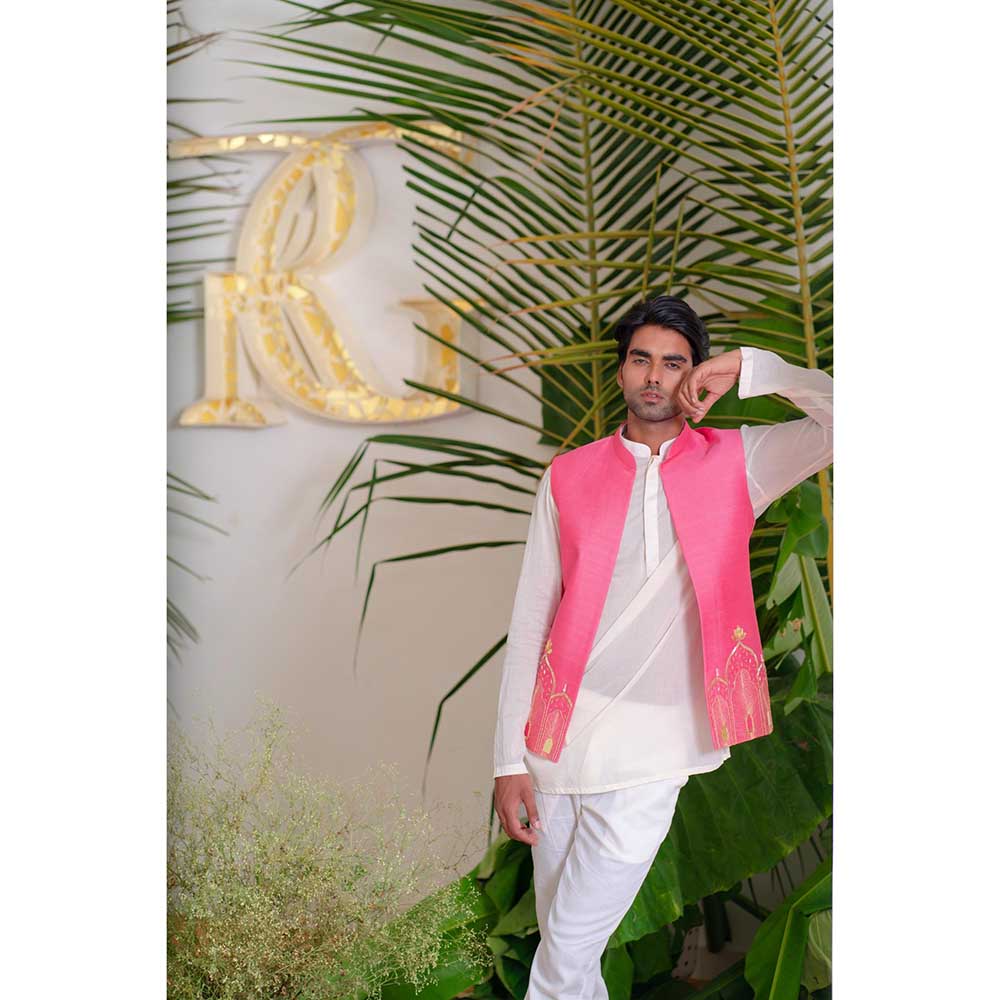 Runit Gupta Pink Arch Bundi Jacket with Kurta and Pant (Set of 3)