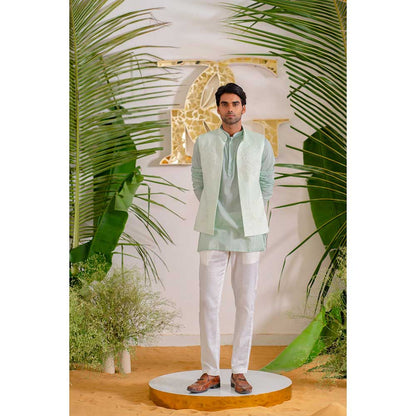 Runit Gupta Blue Bloom Bundi Jacket with Kurta and Pant (Set of 3)